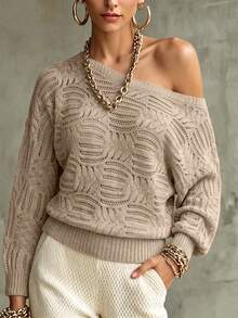 Balvessa Spring Summer Autumn Winter All Season New Wide Neckline Shoulder-Connected Sleeve Ribbed Cuff Pattern Hollow-Out Fashion Casual Women's Pullover Long Sleeve Sweater - Apricot - View 1