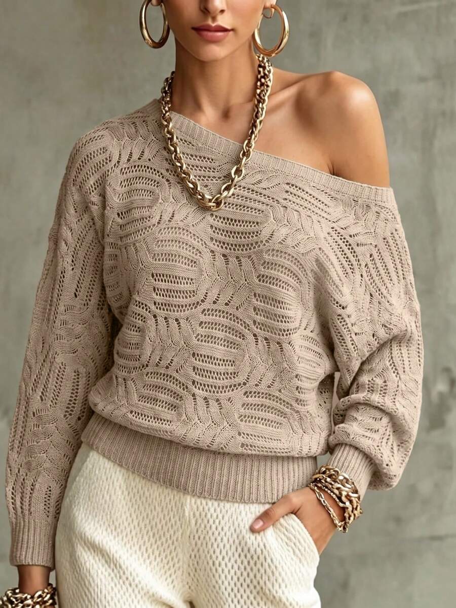 Balvessa Spring Summer Autumn Winter All Season New Wide Neckline Shoulder-Connected Sleeve Ribbed Cuff Pattern Hollow-Out Fashion Casual Women's Pullover Long Sleeve Sweater - Apricot - View 1