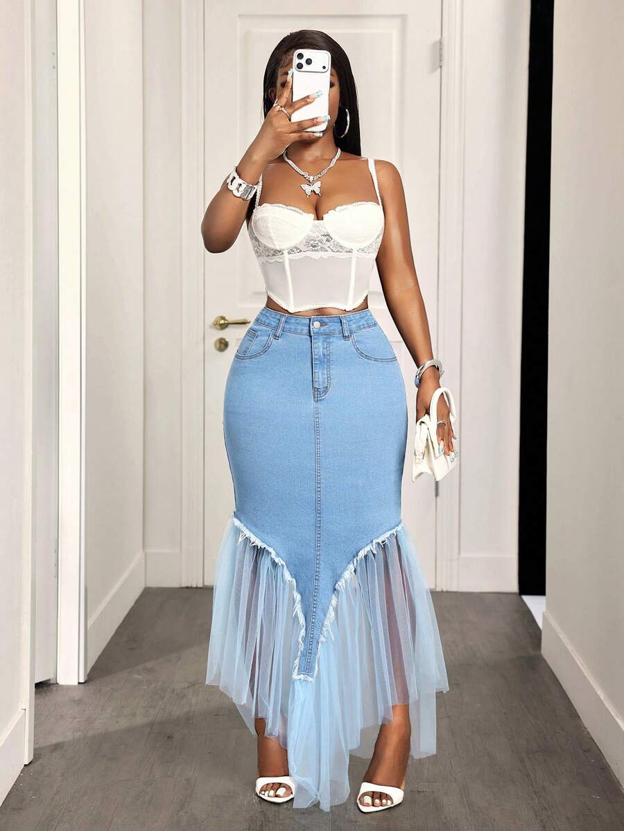Slaydiva Women's Elegant Denim Skirt With Pocket, Mesh Patchwork And Fishtail Hem - Blue - View 1