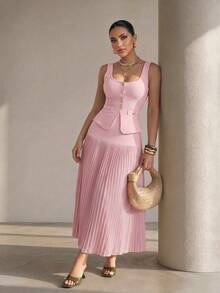 Structelle Women's Elegant Commuter Day Party Summer Set, Soft Pink Knit Cardigan With Metal Buttons Sleeveless Top + Pleated Skirt - Pink - View 1