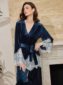 Moireta French Elegant Romantic Bell Sleeve Lace Contrast Color Women's Pajama Set - Royal Blue - View 5
