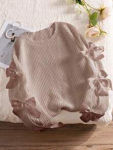 CosyJoli Plus Size Hollow Bowknot Decor Cute Loose Fit Pullover Sweater, Apricot Color, Fall/Winter - Beige - View 1