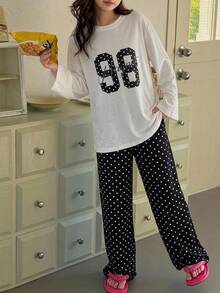 DAZY Tween Girl Fall Clothes Girls (Large) Round Neck Knitted Printed Short Sleeve T-Shirt + Plaid Pajama Pants Loungewear Set - Black and White - View 5