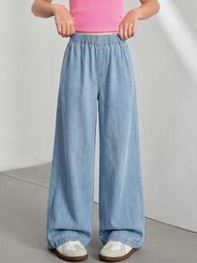 SHEIN 女童寬鬆百搭牛仔褲 新品休閒學院風 淺藍色彈性腰寬腿褲 柔軟涼爽天絲面料 親膚舒適 日常穿搭 可搭配T恤連帽衫 適合學校日常出行 春夏季 - 淺色水洗藍 - 查看 4
