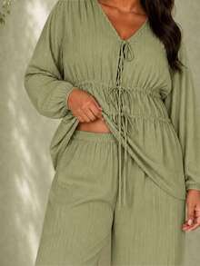 ELLERISSA Plus Size Green Textured Tie Front Blouson Sleeve Top & Wide Leg Pants Co-Ord Set Fall - Green - View 6