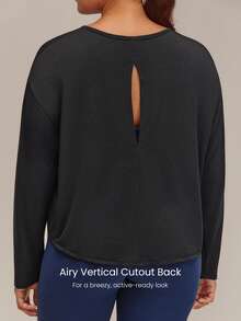 GLOWMODE Plus Size UPF50+ Sun Protection Glow On Regular Fit Long Sleeve Crewneck With Airy Back Slit & Dropped Shoulders Daily Casual Fall - Black - View 4