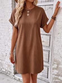 EMERY ROSE Striped Batwing Sleeve Casual Vacation Dress - Brown - View 5