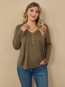 EMERY ROSE Plus Size Women's Solid Color Button Design Long Sleeve Casual T-Shirt - Brown - View 1