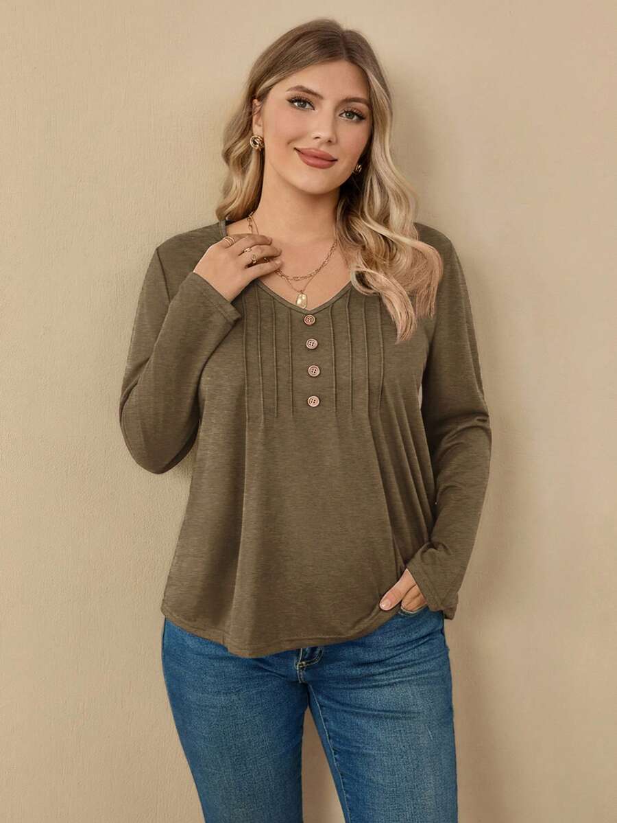 EMERY ROSE Plus Size Women's Solid Color Button Design Long Sleeve Casual T-Shirt - Brown - View 1