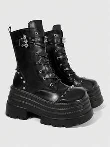 ROMWE Grunge Punk Women Heeled Sandals Dark PU Punk Rivet Thick-Soled Riding Boots Women Small Goth Mid-Tube Locomotive Booties Comic-Con - Black - View 2