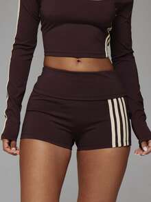 Musera Sport Stripe Side Foldover Waist Fitted Active Mini Shorts Fall Autumn Winter Gym Workout Cute Butter Yellow - Mocha Brown - View 1