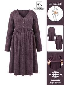 SHEIN Purple Autumn And Winter Long-Sleeve Maternity Dress With Large Size, Front Button, Breastfeeding, High Waist, Slimming, Knitted Knit Fabric Fall - Purple - View 1
