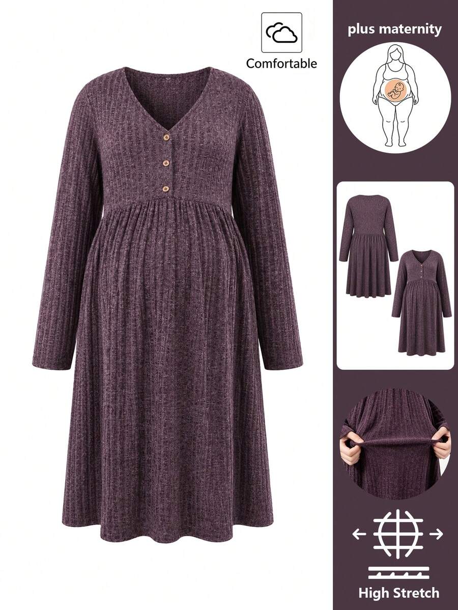 SHEIN Purple Autumn And Winter Long-Sleeve Maternity Dress With Large Size, Front Button, Breastfeeding, High Waist, Slimming, Knitted Knit Fabric Fall - Purple - View 1