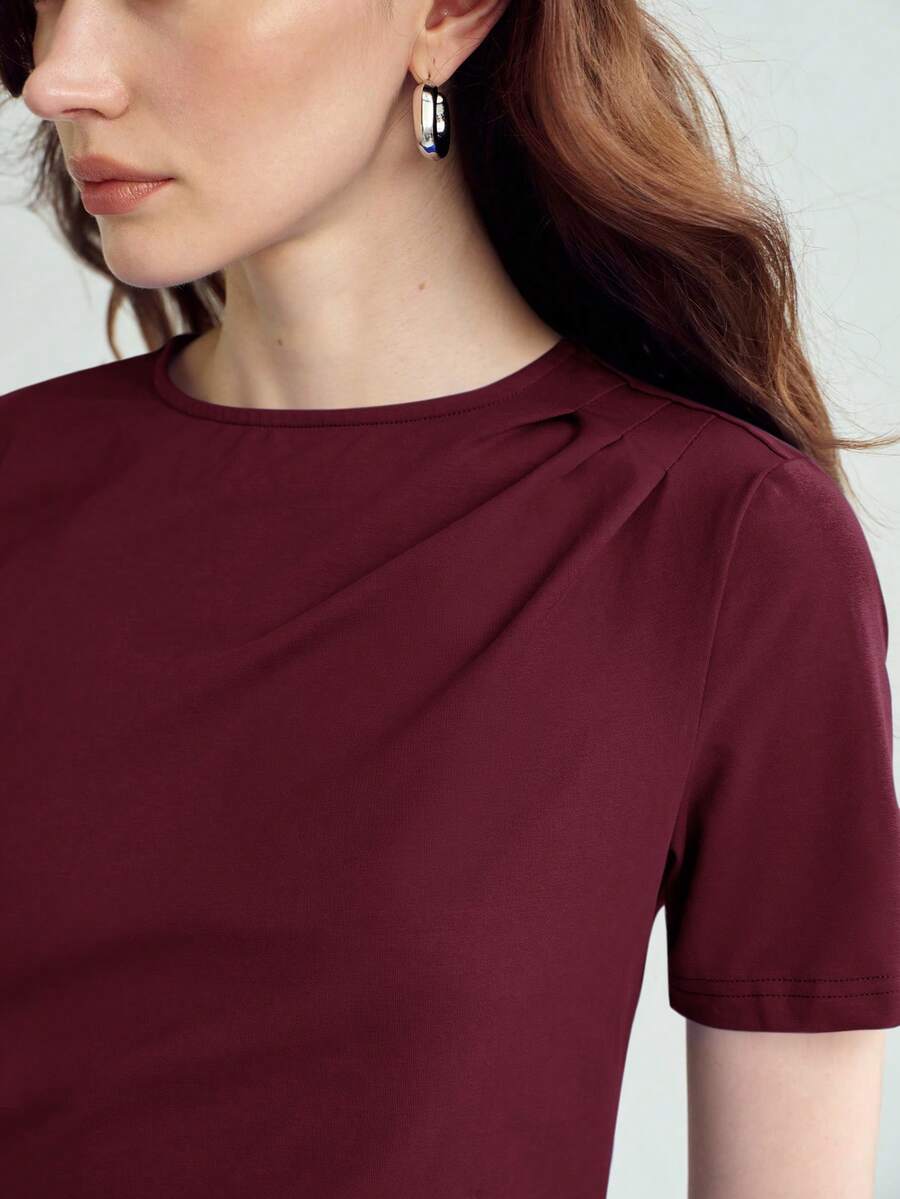 MOTF PREMIUM SPRING/SUMMER COTTON ROUND NECK ASYMMETRICAL HEM RUCHED WAIST SHORT SLEEVE T-SHIRT - Burgundy - View 2
