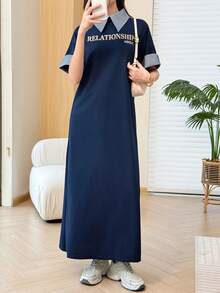 Yasmyna Summer Minimalist Casual Letter Print Striped Patchwork 2 In 1 Short Sleeve Loose Slimming Youthful Women's Long Dress - Multicolor - View 7