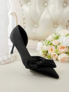 CUCCOO HITCHD Ladies Shoes Slant Bow Ladies Pointed Tips Side Empty Heels Black Satin Elegant Gentle Wedding Bridesmaids Party Dating Fall Shoes - Black - View 7