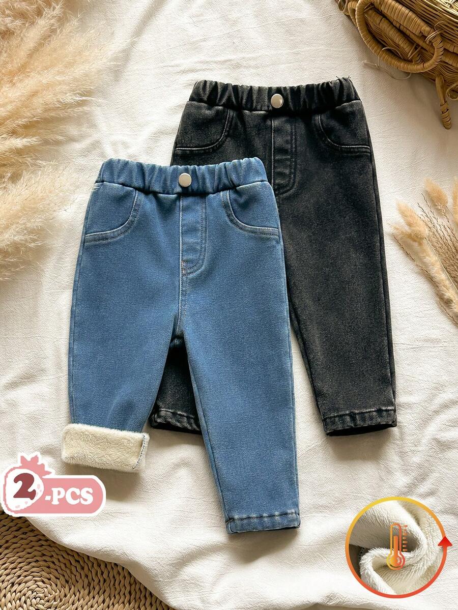 SHEIN 2件組女嬰美式復古做舊藍色與黑色牛仔褲,舒適微彈直筒長褲,百搭秋季長褲 - 彩色 - 查看 1