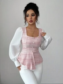 Elenzga 女士优雅粉色格子拼布白色方领不对称下摆仿珍珠纽扣装饰长袖修身衬衫，适合春秋季女装 - 粉色 - 查看 7