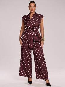 SHEIN BAE CURVE Plus Size Women's Business Polka Dot Tie-Up Jacket And Loose Long Pants Suit Set - Multicolor - View 9