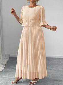 Elenzga Plus Size Plain Color Elegant Elegant Lady Chiffon Pleated Dress, Spring & Summer Fall - Apricot - View 7