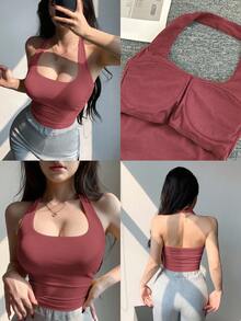 DAZY Summer Spring Fashion Watermelon Pink & Red Padded Fitted Short Spaghetti Strap Backless Camisole Tank Top For Women Going Out Tops - Watermelon Pink - View 1