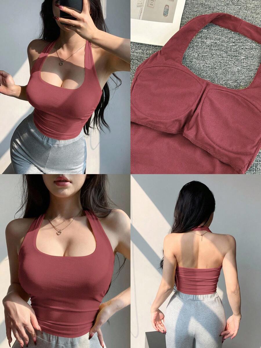 DAZY Summer Spring Fashion Watermelon Pink & Red Padded Fitted Short Spaghetti Strap Backless Camisole Tank Top For Women Going Out Tops - Watermelon Pink - View 1
