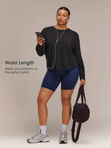 GLOWMODE Plus Size UPF50+ Sun Protection Glow On Regular Fit Long Sleeve Crewneck With Airy Back Slit & Dropped Shoulders Daily Casual Fall - Black - View 3