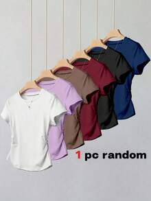 Tween Girls 女童 T-Shirt，1 件隨機短袖 T-Shirt，簡約收腰修身圓領短袖 T-Shirt，適合夏季，個性化 T-Shirt，適合春夏，輕鬆舒適，家庭出遊季節，家庭出遊，優雅穿搭，舒適易穿 - 彩色 - 查看 1