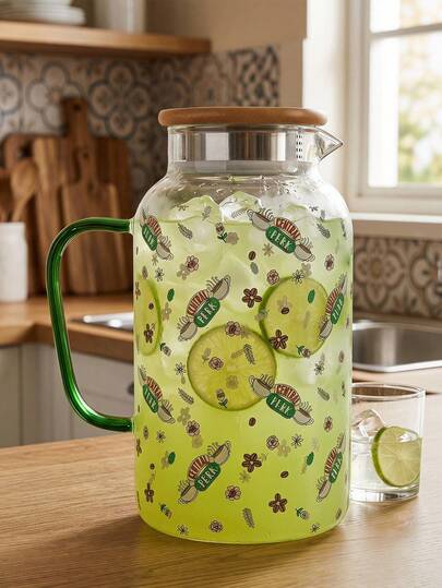 FRIENDS X POKOJA LAND Large Capacity Glass Cup With Cute Bow & Cat Pattern, Suitable For Hot & Cold Drinks Such As Coffee, Milk, Juice