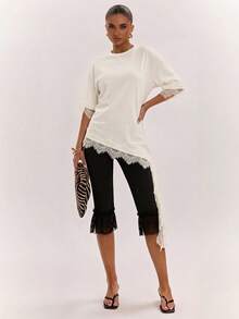 SHEIN BAE Women's Lace Patchwork Casual Versatile Daily Wear Top - Apricot - View 4