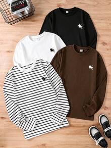 4 pièces/paquet T-shirts à manches longues col ras-du-cou rayés multicolores basiques minimalistes décontractés pour garçons adolescents, convient pour le port seul en automne et la superposition en hiver sous des vêtements d'extérieur ou des gilets - Multicolore - Voir 4