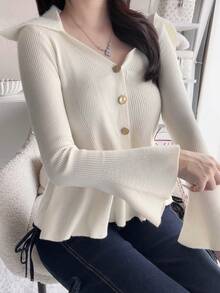 FRIFUL Women's Solid Color Casual French Elegant Versatile Daily Brunch Cardigan Cream White Autumn Brunch - Apricot - View 1