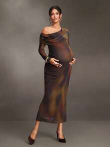 Cheriluna Maternity Gaun Hamil Lengan Panjang Cokelat dengan Bahu Asimetris dan Gradasi Warna, Terbuat dari Kain Jaring Elastis, Cocok untuk Pesta Musim Semi dan Gugur, Pemotretan, Makan Malam Kehamilan, Elegan dan Chic. - MultiWarna - View 3