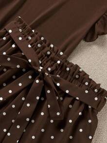 SHEIN CURVE+ Plus Size Women Brown Polka Dot Flutter Sleeve Shorts 2 Pieces Set, Casual Comfortable Outfit For Autumn/Winter - Multicolor - View 4