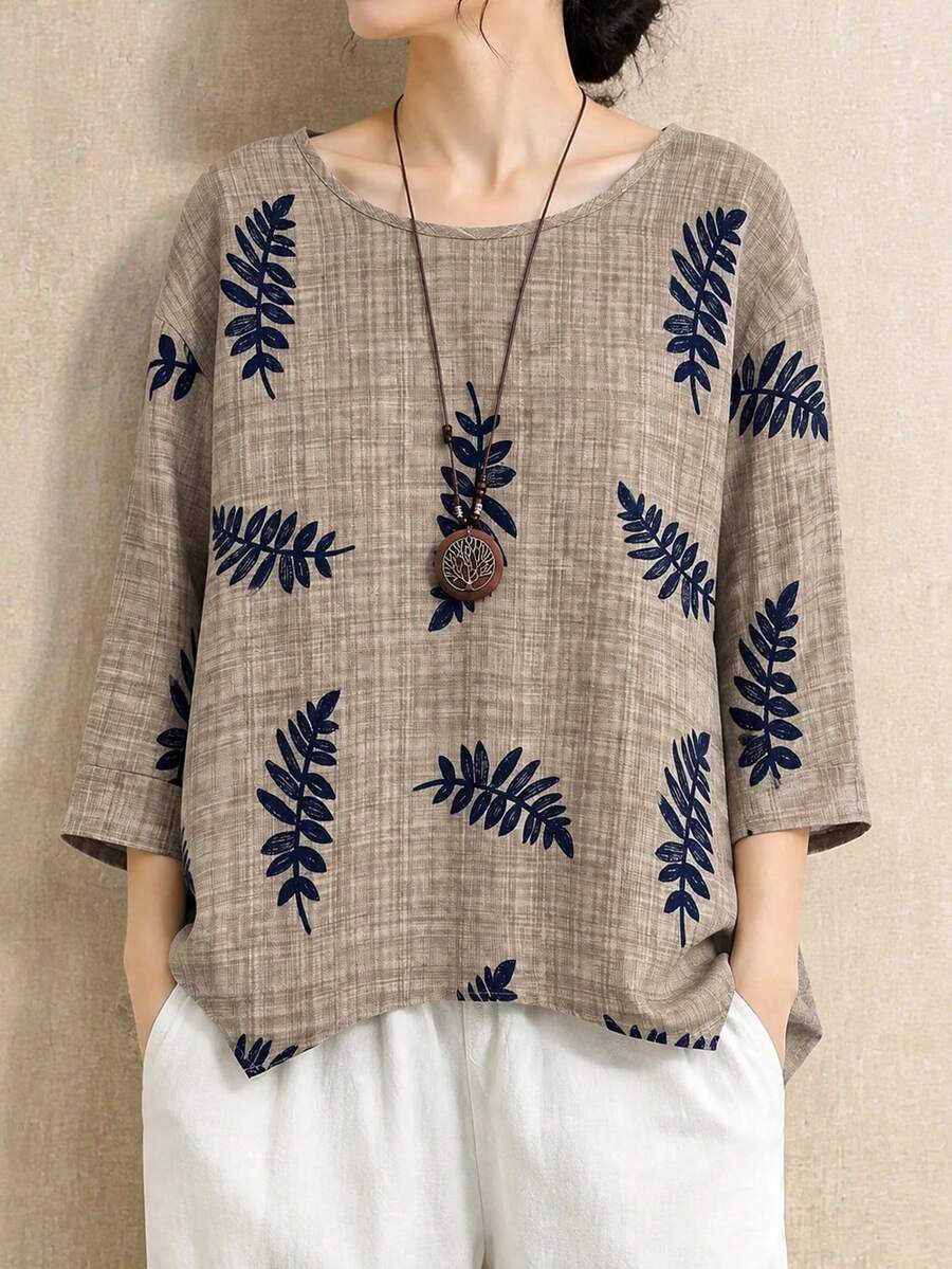 EMERY ROSE Plus Size Women's Faux Linen Printed High-Low Loose Asymmetrical Blouse, Round Neck 3/4 Sleeve Shirt, Suitable For Casual And Vacation Wear - Camel - View 1