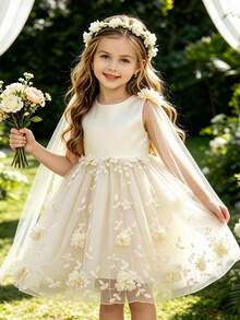 SHEIN Glamorique Kids 優雅香檳色花童禮服，無袖3D花卉刺繡公主長裙，附長款網紗披肩，適用婚禮、生日派對，秋冬款 - 香檳色 - 查看 4