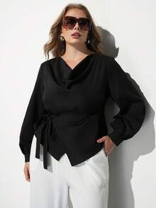 Maija Plus Size Elegant Commuter Solid Color Tie Wrap Blouse - Black - View 4
