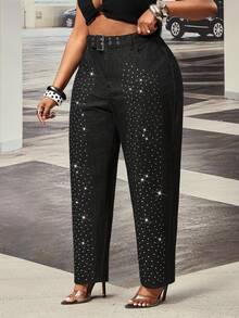 Slaydiva Celana Jeans Hitam Non-Stretch Berhiaskan Rhinestone untuk Wanita Ukuran Plus (Model Cowgirl) - Hitam - View 4