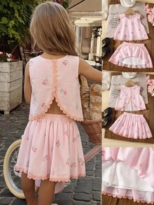 Emery Rose Kids Emery Rose Kids 少女花卉印花圓領上衣與彈性腰褶皺裙休閒日常套裝 - 粉色 - 查看 3