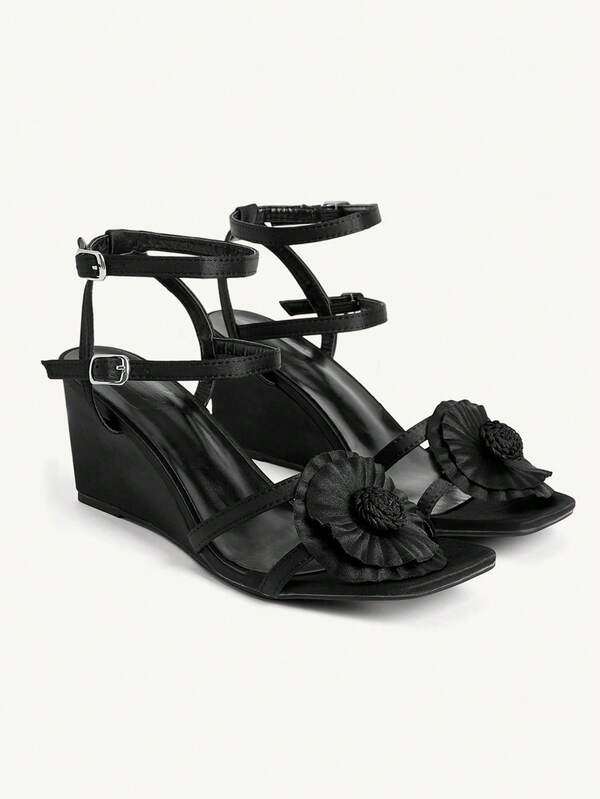 CUCCOO CHICEST Black Soft Leather Flower Slope Heel Sandals Women's Summer New Square Toe Open Toe Wear Versatile Height-Increasing Slippers