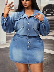 Slaydiva Gaun Bodycon Biru Non-Stretch untuk Wanita Ukuran Plus Model Cowgirl Outfit - Light Wash - View 3