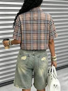 Rovax Short Shirt Collar Drop Shoulder Short Sleeve Top - Multicolor - View 2