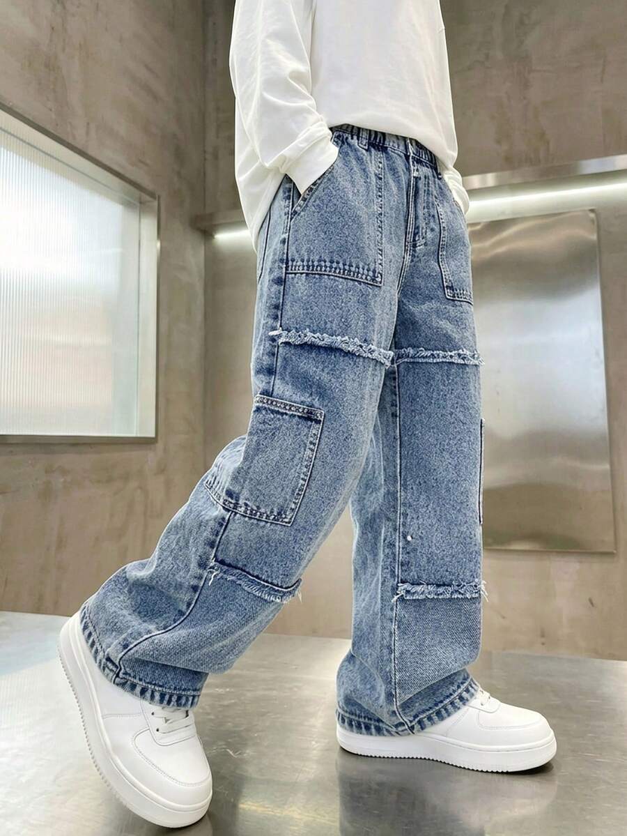 青少年男童休闲时尚做旧流苏水洗直筒牛仔裤 - 藍色 - 查看 1