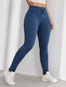 SHEIN ICON 大尺碼女款休閒舒適淺藍色彈性牛仔褲 - 中等水洗藍 - 查看 6