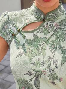 EastFlair 女款夏季優雅花卉印花側開衩洋裝，適合婚禮、約會、新娘母親、洗禮，鼠尾草綠花卉 - 綠色 - 查看 3