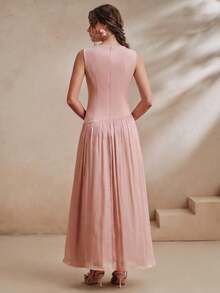 Anewsta Elegant Women's New Party Banquet Lotus Pink Shiny Fabric Patchwork Neckline Tie Bow Sleeveless Waist-Cinching A-Line Long Dress - Dusty Pink - View 4