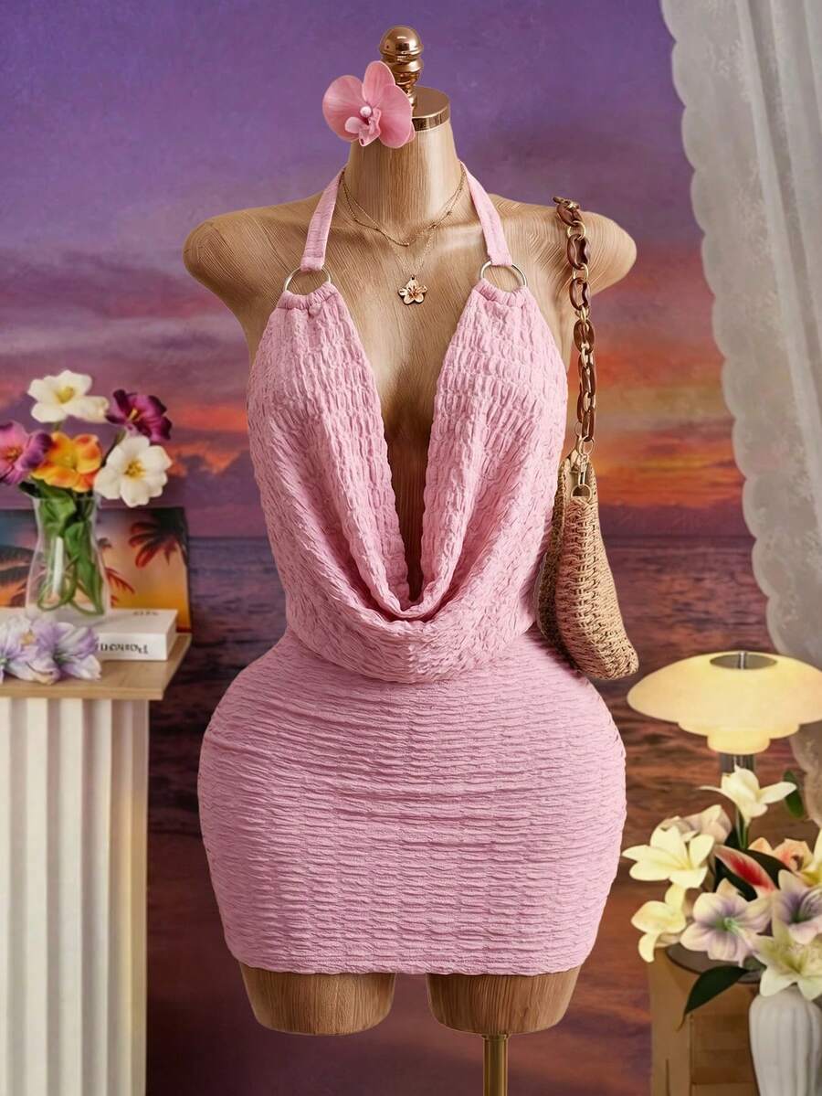SHEIN 女款純色性感約會派對掛脖綁背露背洋裝 - 粉色 - 查看 1