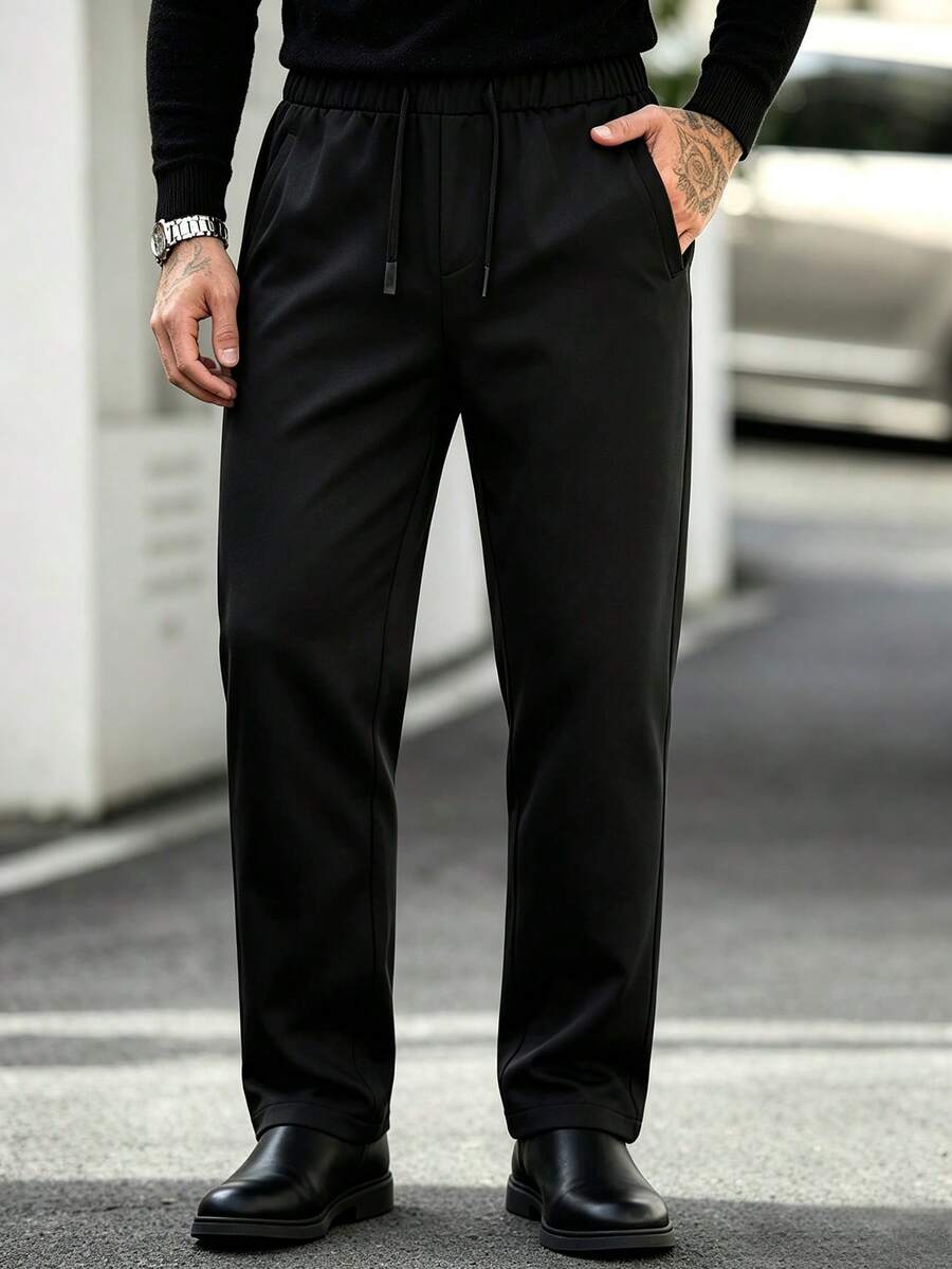 Manfinity CasualCool Men's Solid Color Drawstring Waist Casual Versatile Daily Travel Long Pants - Black - View 1