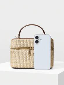 MOTF WOMEN'S FASHION APRICOT STRAW HANDBAG, EXQUISITE SIMPLE BOX BAG, FOR DAILY, COMMUTING, SHOPPING, SUMMER VACATION, TRAVEL, BEACH, SEASIDE - Brown straw weaving - View 6