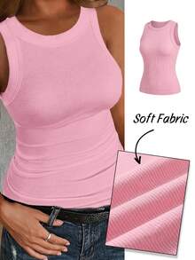 Slaydiva Plus Size Casual Basic Slim Fit Pink Round Neck Off-Shoulder Tank Top-C Holiday Summer - Pink - View 8